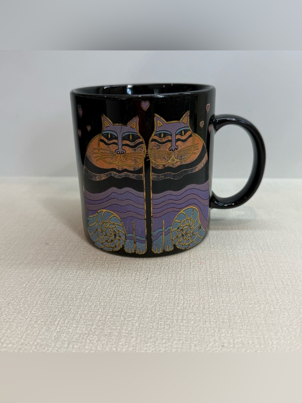Laurel Burch ‘Rainbow Cats’ black ceramic mug with painted cats